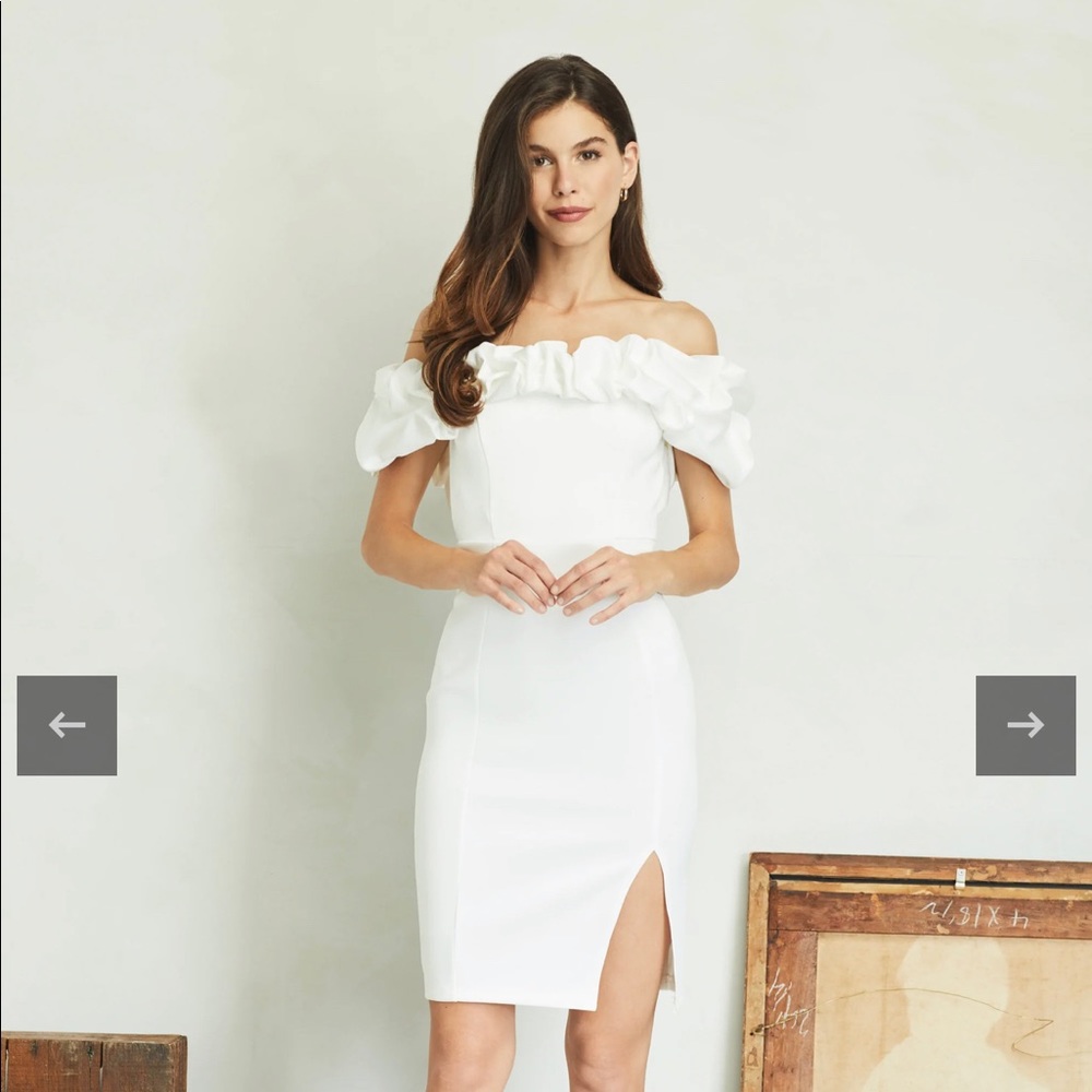 Off the shoulder ruffle trim white midi dress
